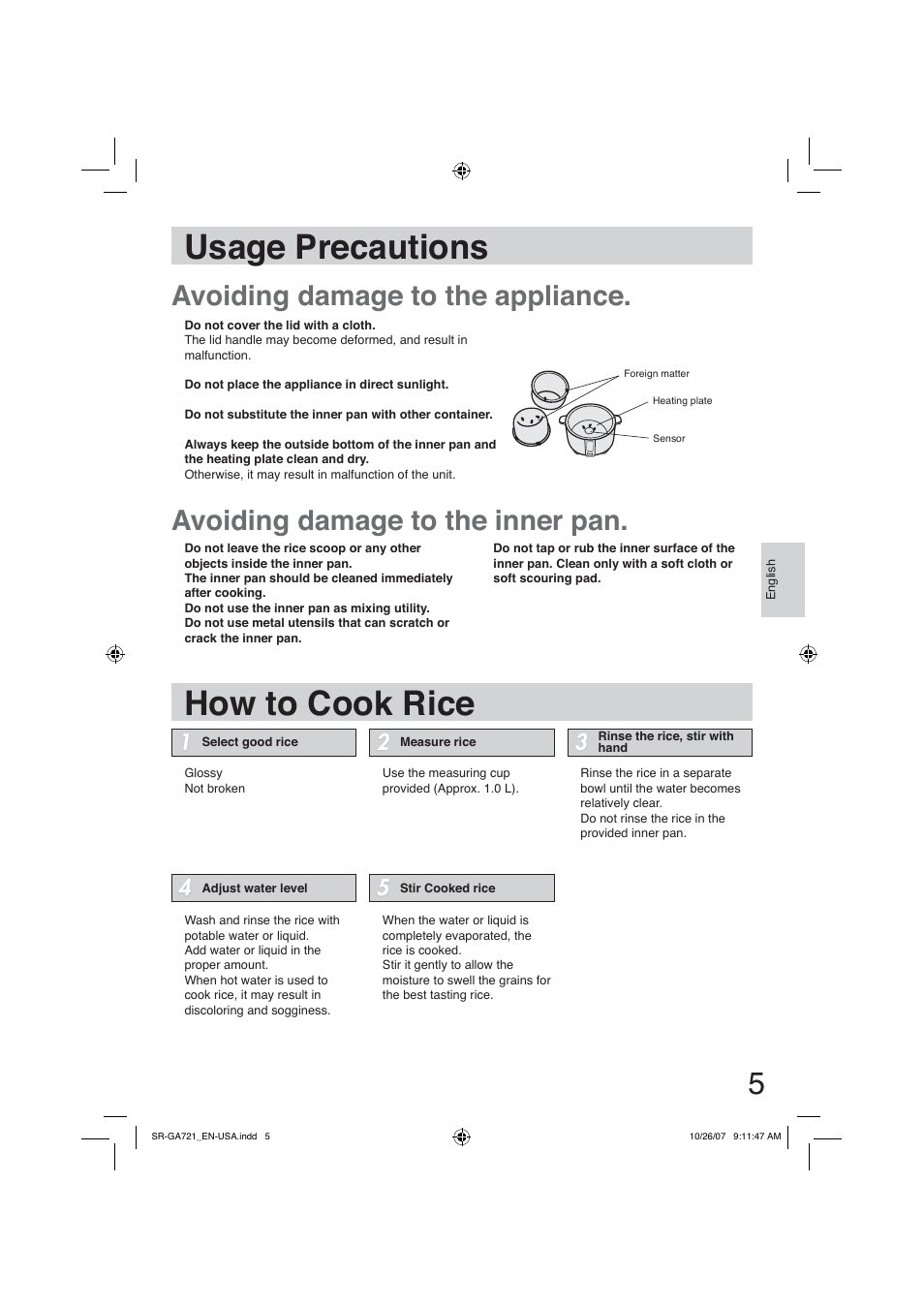 Usage precautions, How to cook rice, Usage precautions how to cook rice | Panasonic SR-GA721 User Manual | Page 5 / 39