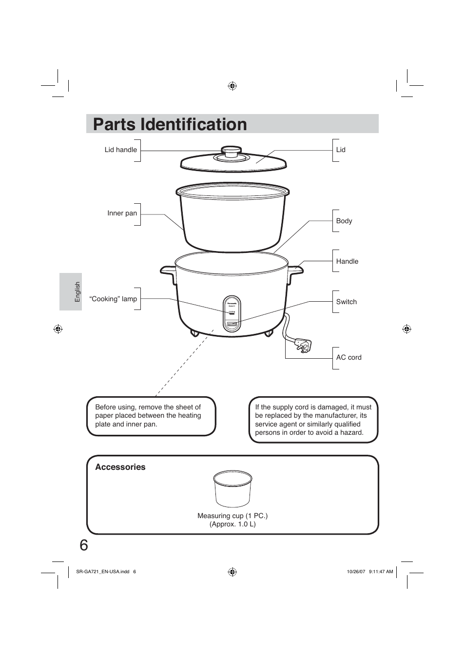 Parts identification, Parts identià cation | Panasonic SR-GA721 User Manual | Page 6 / 39