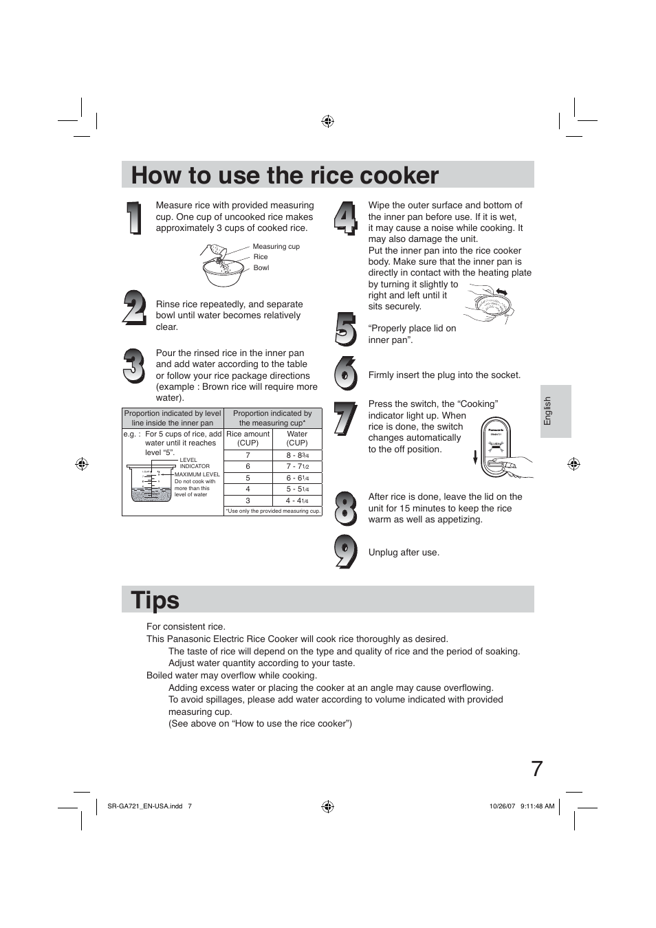 How to use the rice cooker, Tips | Panasonic SR-GA721 User Manual | Page 7 / 39
