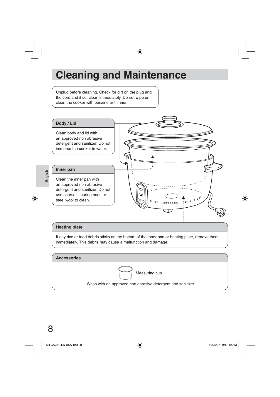 Cleaning and maintenance | Panasonic SR-GA721 User Manual | Page 8 / 39