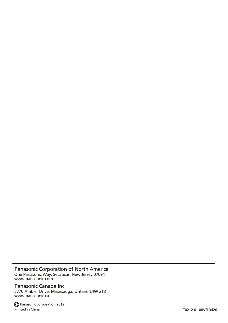 Т³ 16, Panasonic corporation of north america, Panasonic canada lnc | Panasonic FV-08VFL3 User Manual | Page 16 / 16