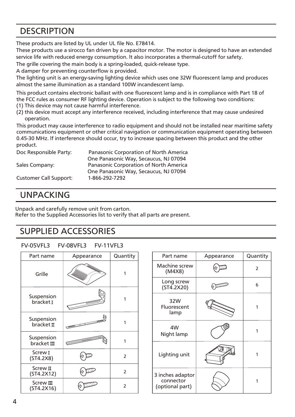 Т³ 4, Supplied accessories, Unpacking | Description | Panasonic FV-08VFL3 User Manual | Page 4 / 16
