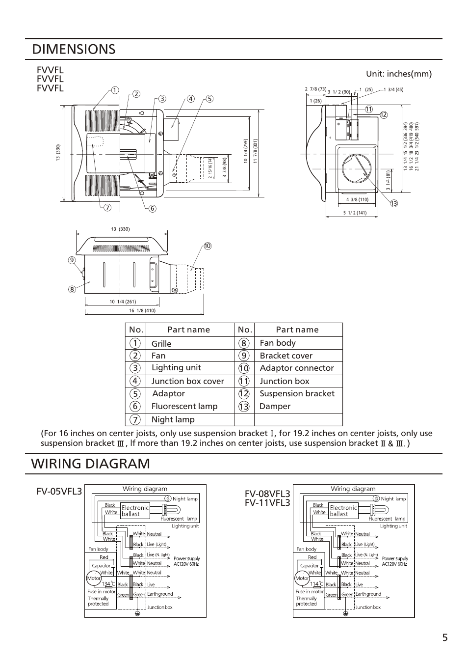 Т³ 5, Wiring diagram, Dimensions | Panasonic FV-08VFL3 User Manual | Page 5 / 16