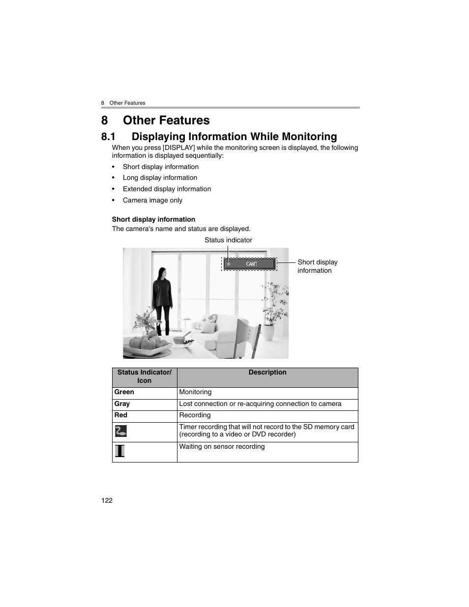 Other features, Displaying information while monitoring, 8other features | 1 displaying information while monitoring | Panasonic BL-MS103A User Manual | Page 122 / 184