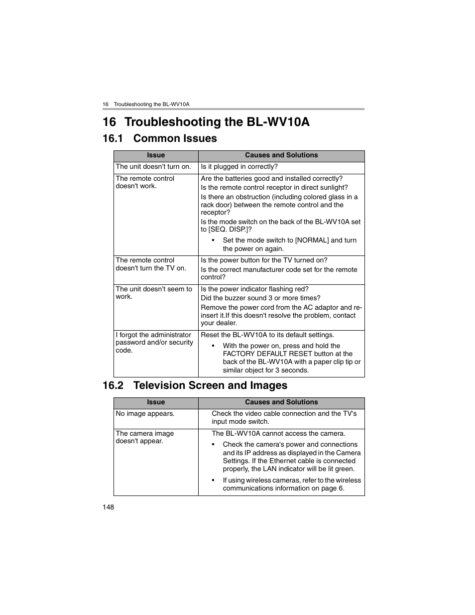 Troubleshooting the bl-wv10a, Common issues, Television screen and images | 16 troubleshooting the bl-wv10a, 1 common issues 16.2 television screen and images | Panasonic BL-MS103A User Manual | Page 148 / 184