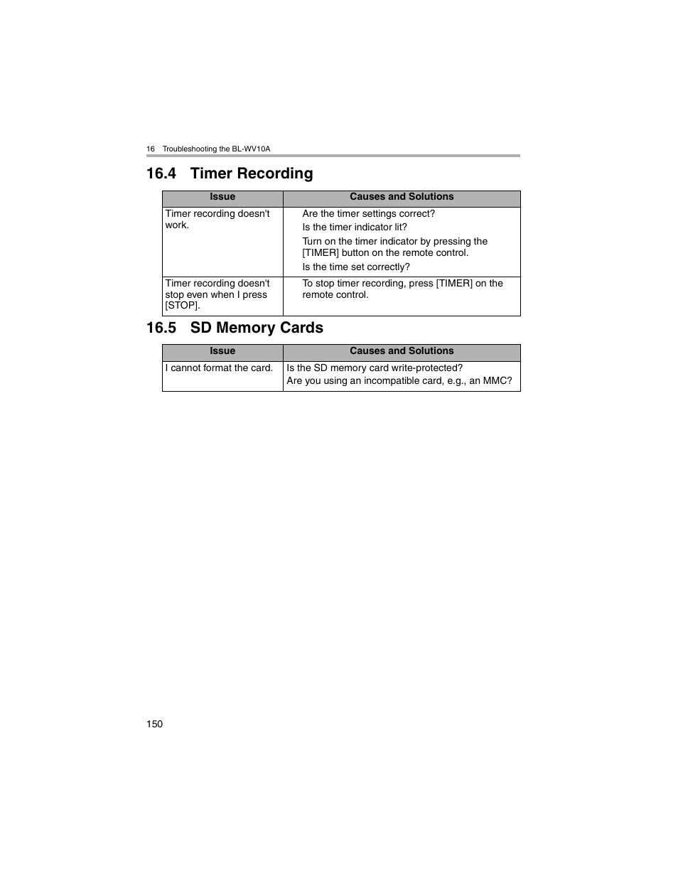 Timer recording, Sd memory cards | Panasonic BL-MS103A User Manual | Page 150 / 184