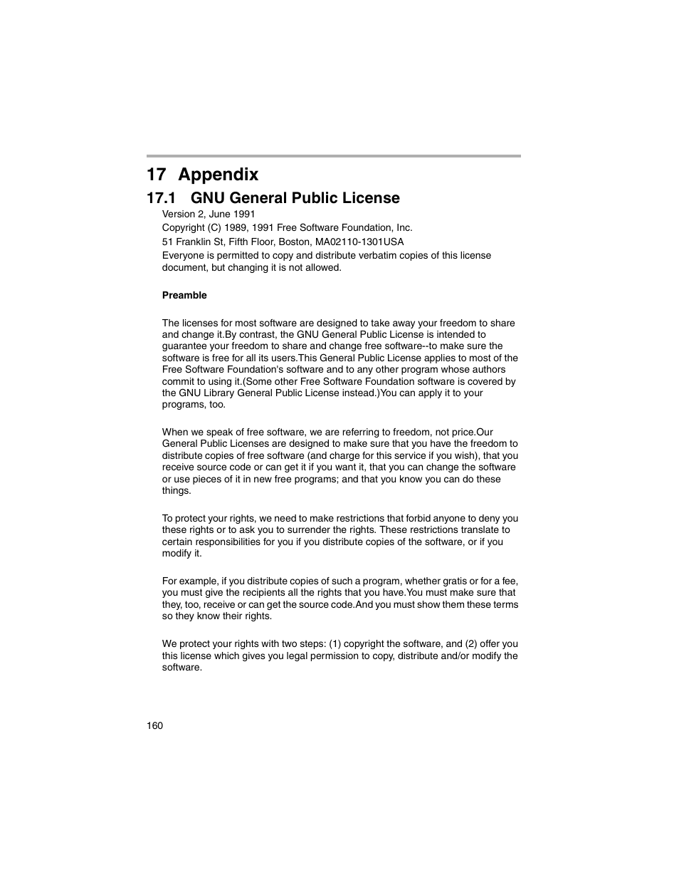 Appendix, Gnu general public license, 17 appendix | 1 gnu general public license | Panasonic BL-MS103A User Manual | Page 160 / 184