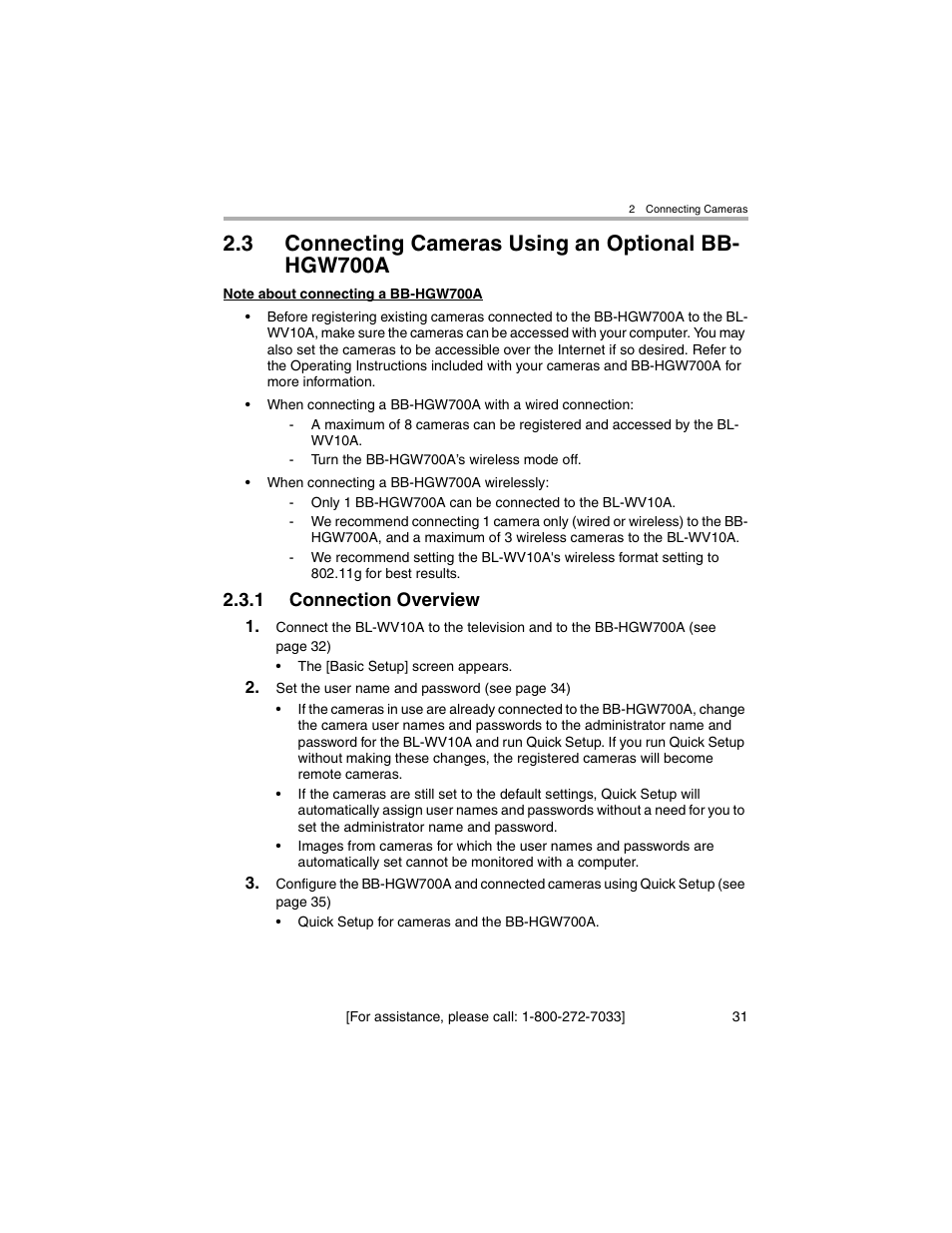 Connecting cameras using an optional bb-hgw700a, Connection overview, 3 connecting cameras using an optional bb- hgw700a | Panasonic BL-MS103A User Manual | Page 31 / 184