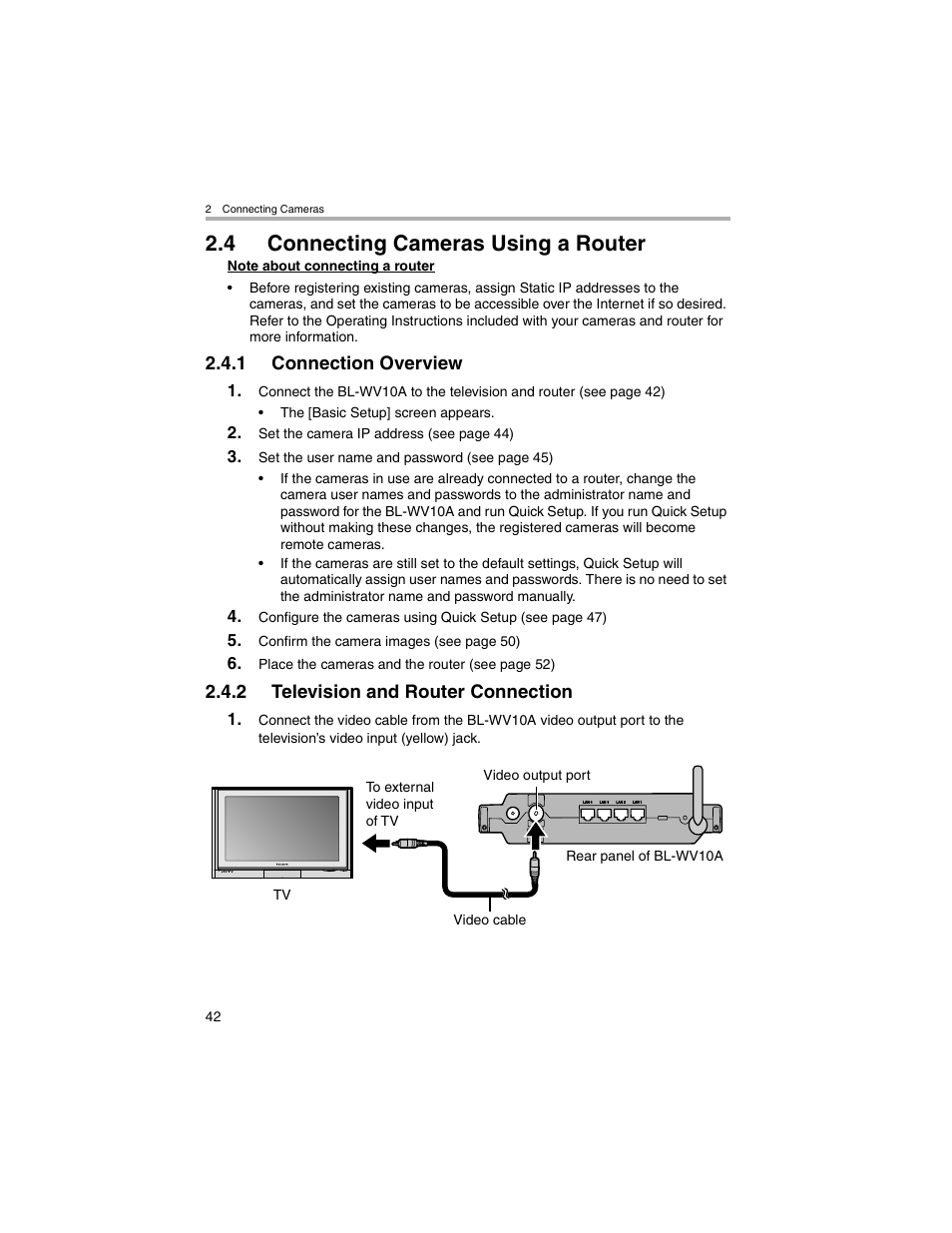 Connecting cameras using the router, Connection overview, Television and router connection | 4 connecting cameras using a router | Panasonic BL-MS103A User Manual | Page 42 / 184