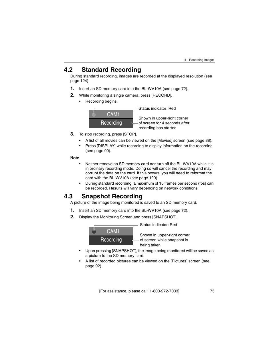 Standard recording, Snapshot recording, 2 standard recording | 3 snapshot recording, Cam1 recording | Panasonic BL-MS103A User Manual | Page 75 / 184
