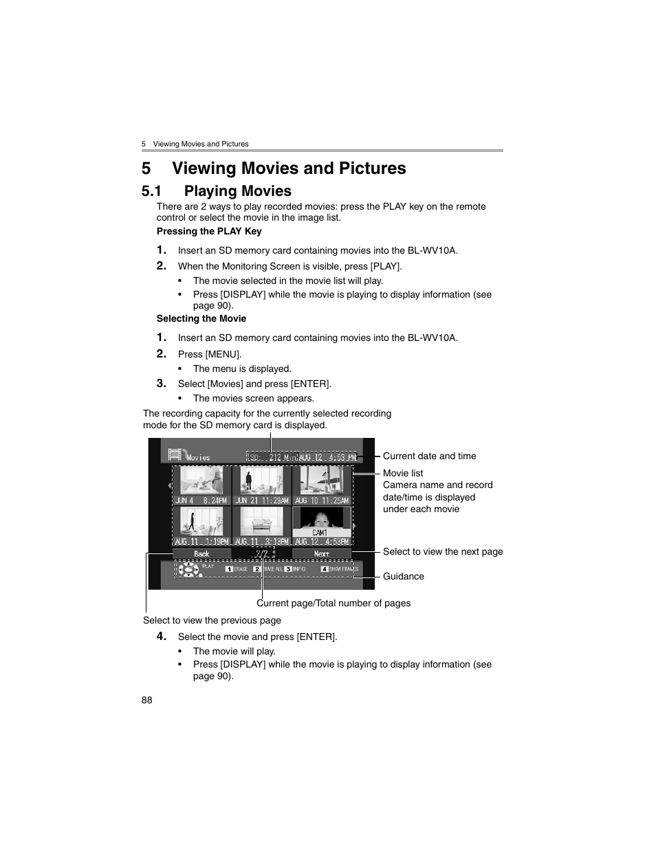 Viewing movies and pictures, Playing movies, 5viewing movies and pictures | 1 playing movies | Panasonic BL-MS103A User Manual | Page 88 / 184