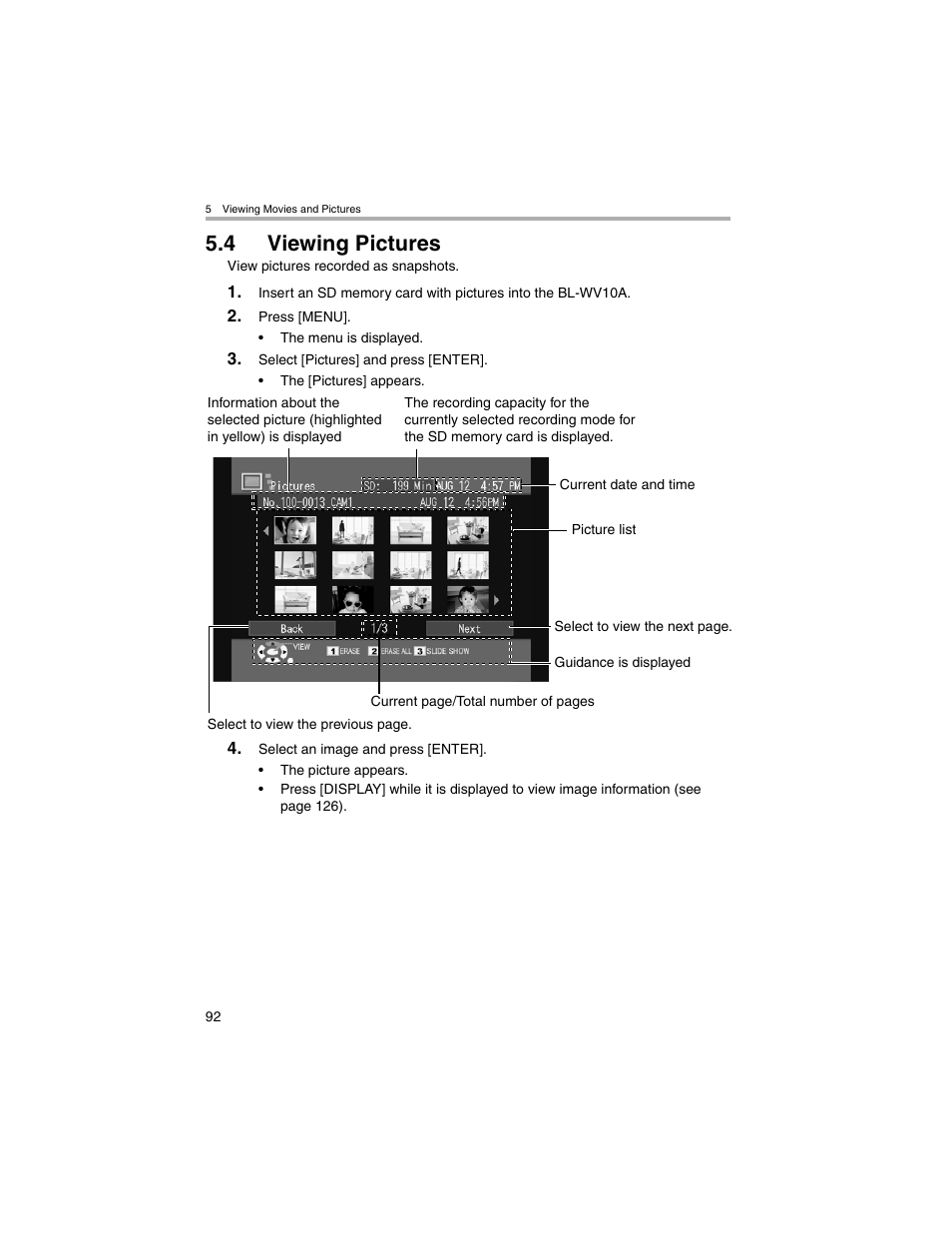 Viewing pictures, 4 viewing pictures | Panasonic BL-MS103A User Manual | Page 92 / 184