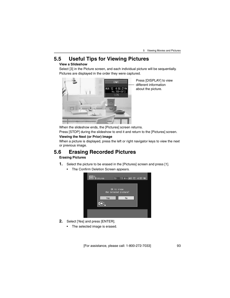 Useful tips for viewing pictures, Erasing recorded pictures, 5 useful tips for viewing pictures | 6 erasing recorded pictures | Panasonic BL-MS103A User Manual | Page 93 / 184