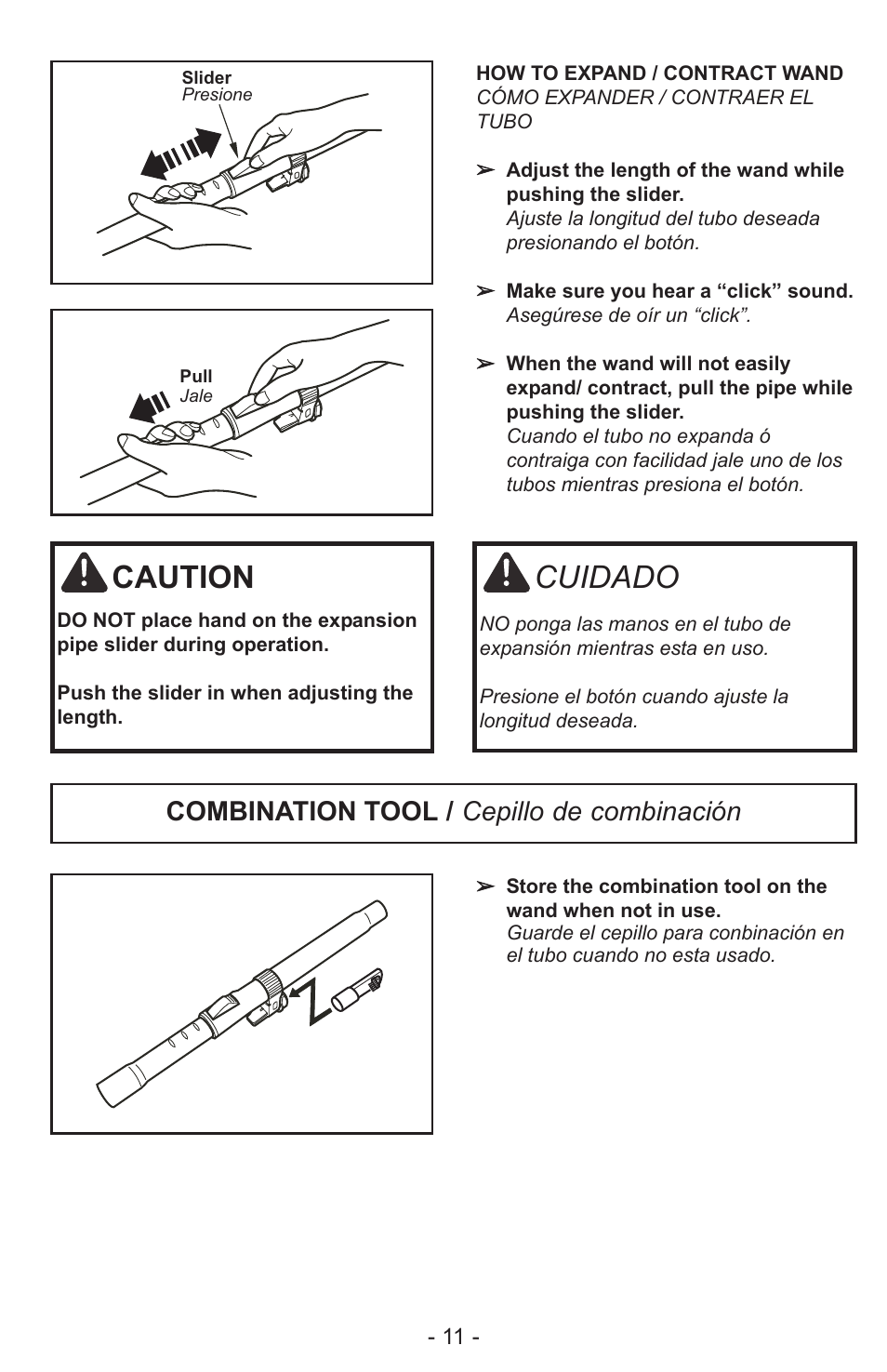 Caution, Cuidado, Combination tool / cepillo de combinación | Panasonic MC-CL310 User Manual | Page 11 / 32