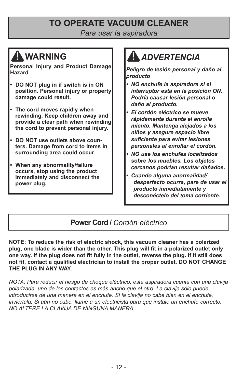 Warning, Advertencia, Para usar la aspiradora | Power cord / cordón eléctrico | Panasonic MC-CL310 User Manual | Page 12 / 32