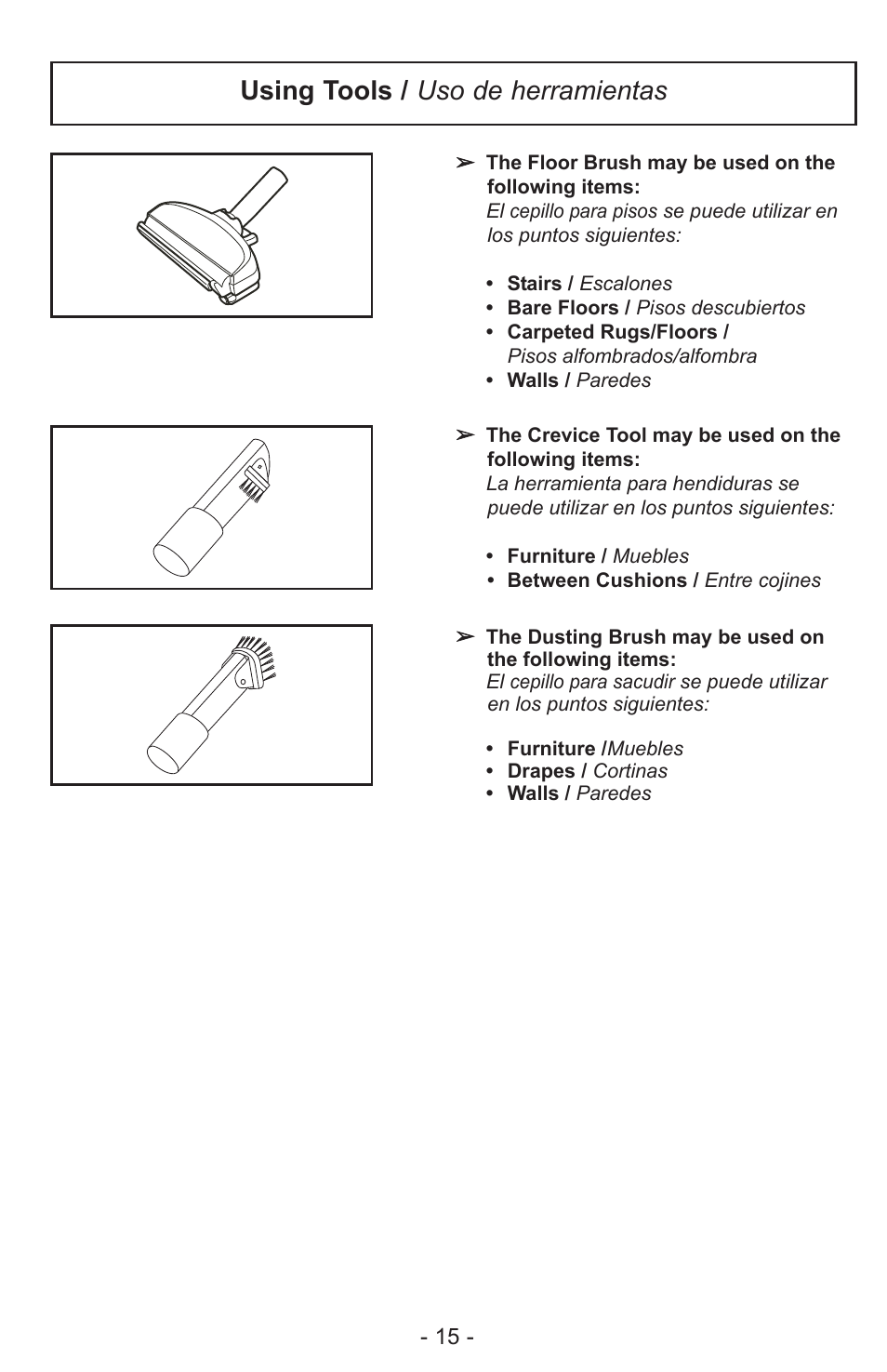 Using tools / uso de herramientas | Panasonic MC-CL310 User Manual | Page 15 / 32