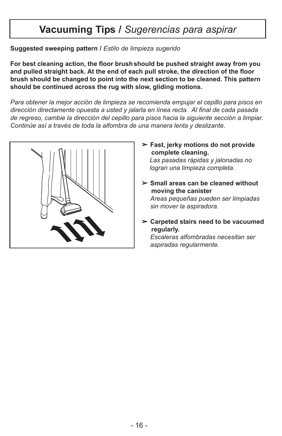 Vacuuming tips / sugerencias para aspirar | Panasonic MC-CL310 User Manual | Page 16 / 32
