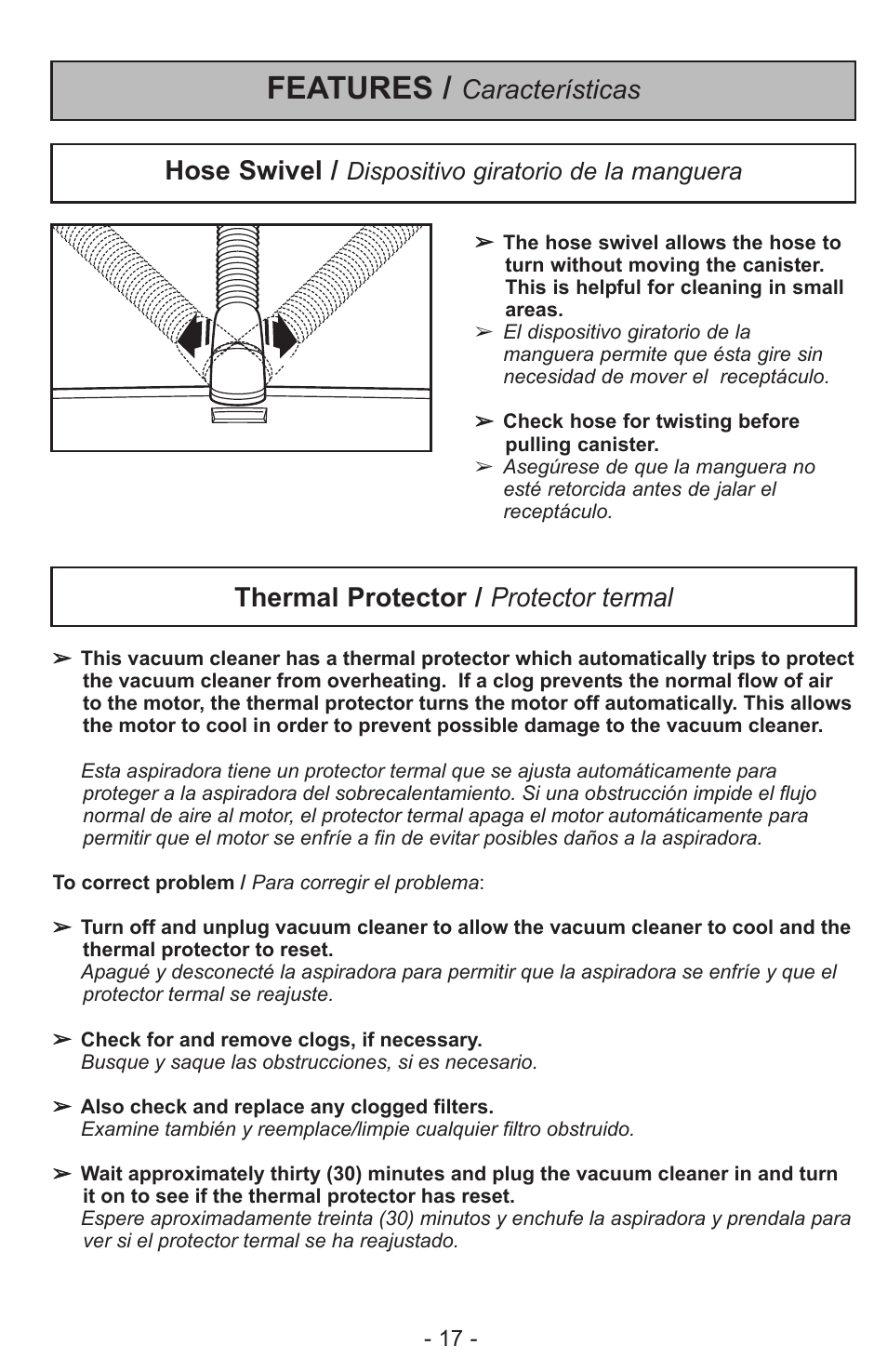 Features, Thermal protector / protector termal, Hose swivel | Características, Dispositivo giratorio de la manguera | Panasonic MC-CL310 User Manual | Page 17 / 32