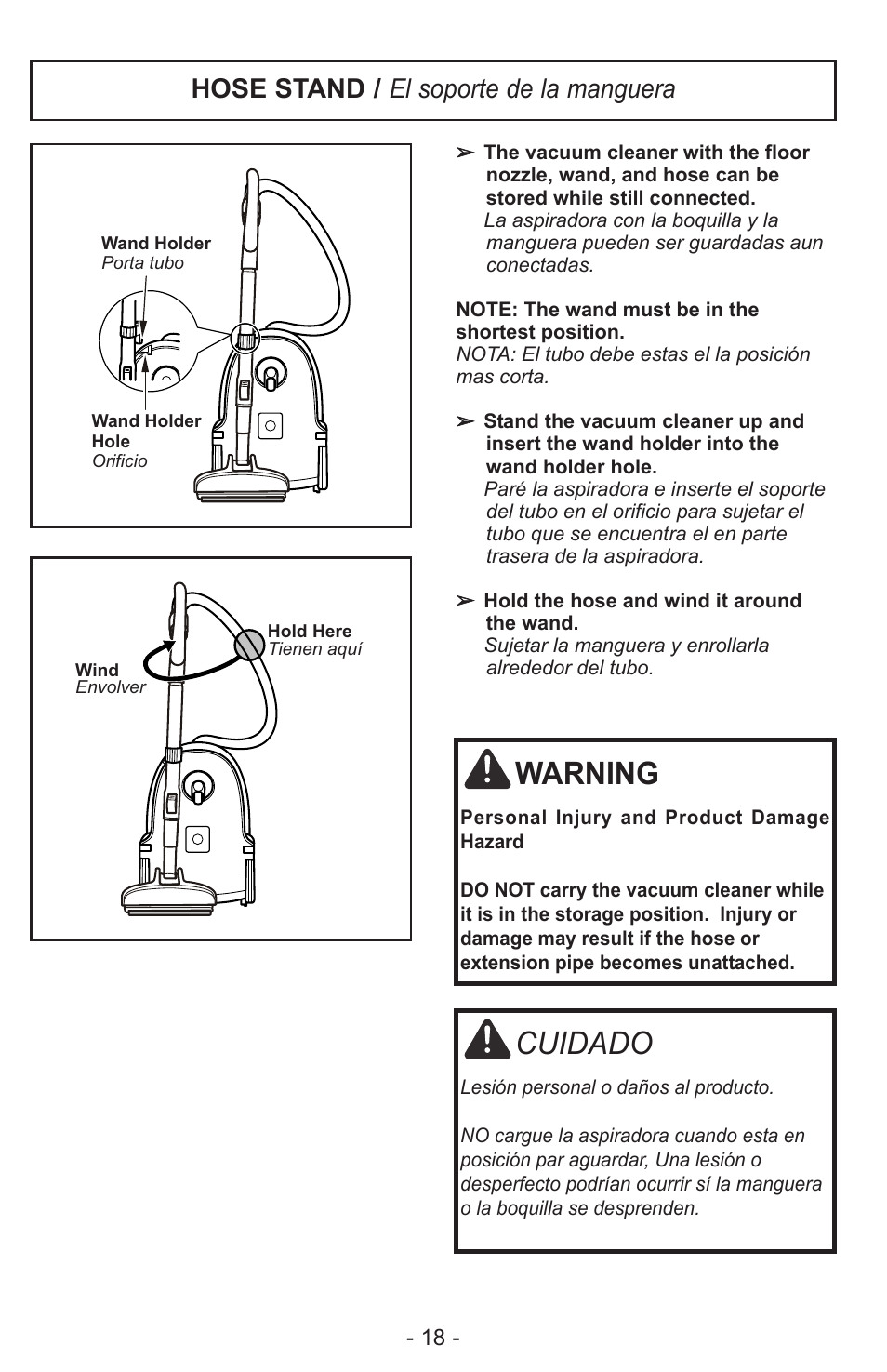 Warning, Cuidado, Hose stand / el soporte de la manguera | Panasonic MC-CL310 User Manual | Page 18 / 32