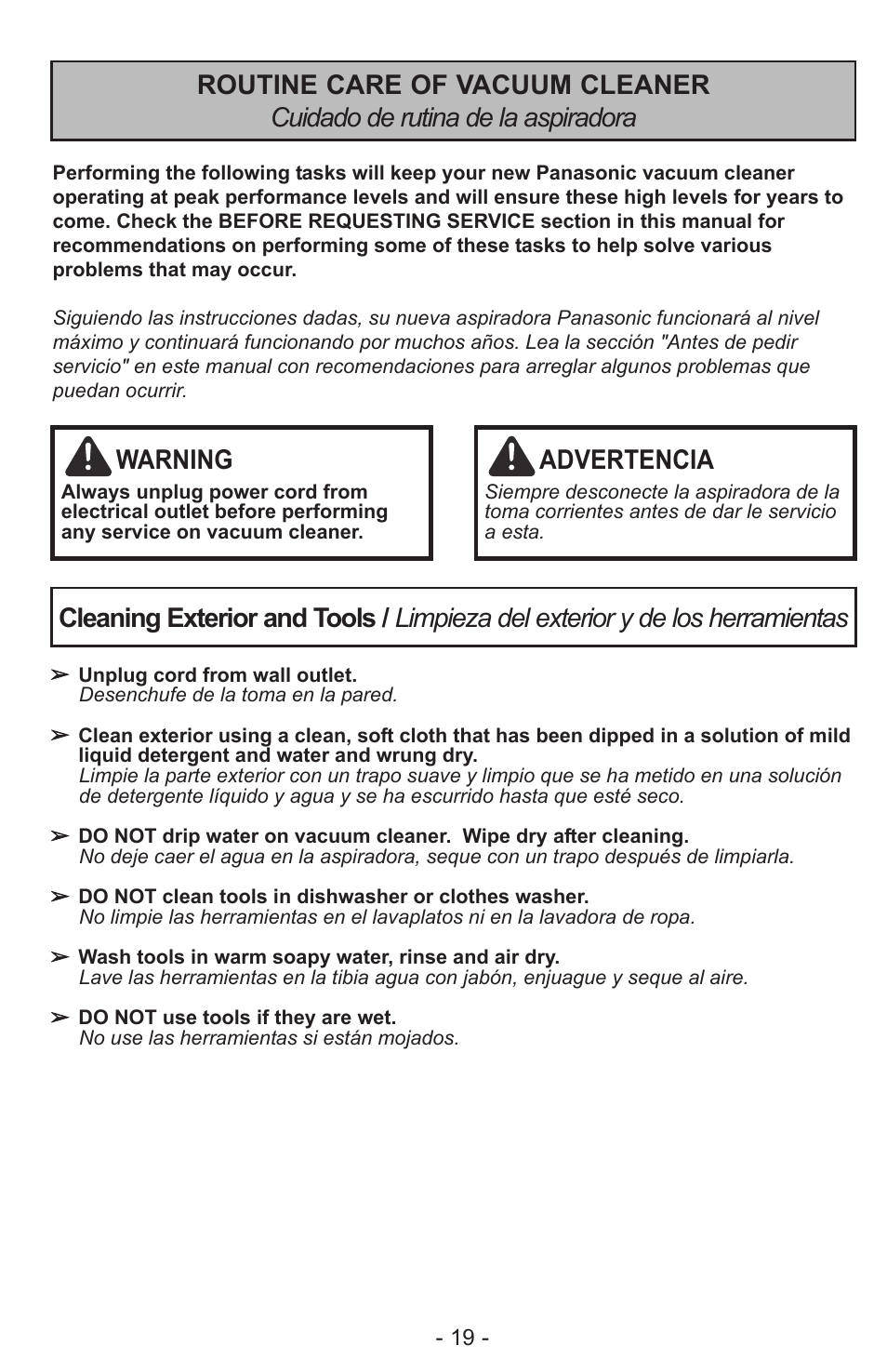 Warning, Advertencia | Panasonic MC-CL310 User Manual | Page 19 / 32