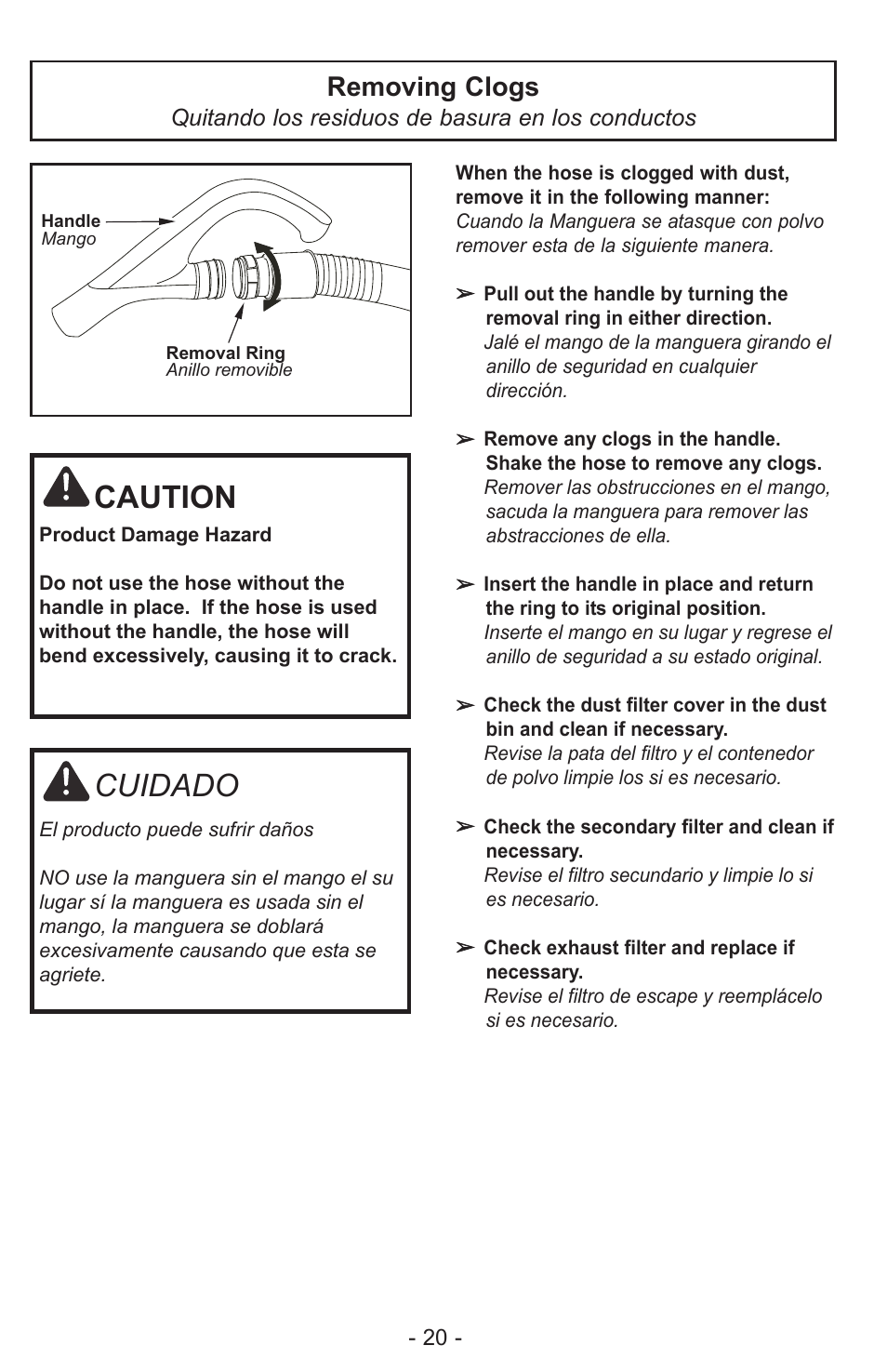 Caution, Cuidado, Removing clogs | Panasonic MC-CL310 User Manual | Page 20 / 32