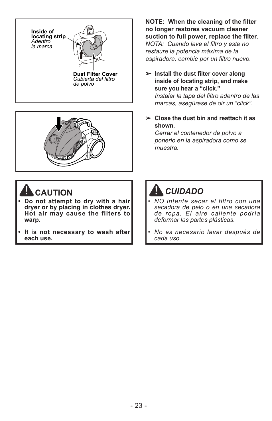 Caution, Cuidado | Panasonic MC-CL310 User Manual | Page 23 / 32