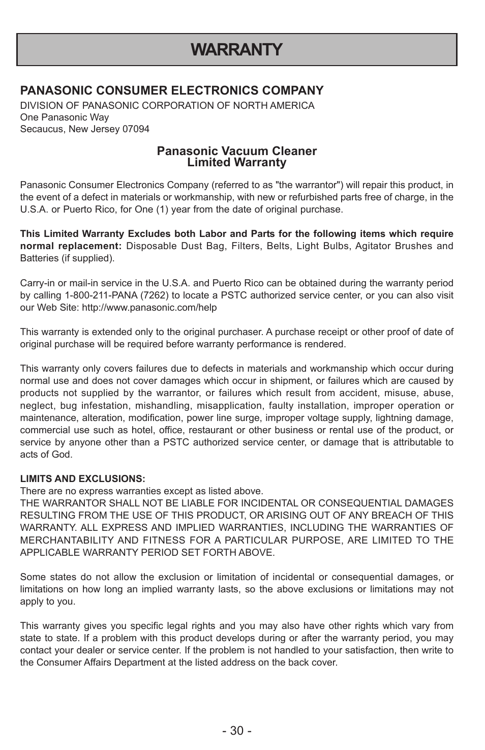 Warranty | Panasonic MC-CL310 User Manual | Page 30 / 32