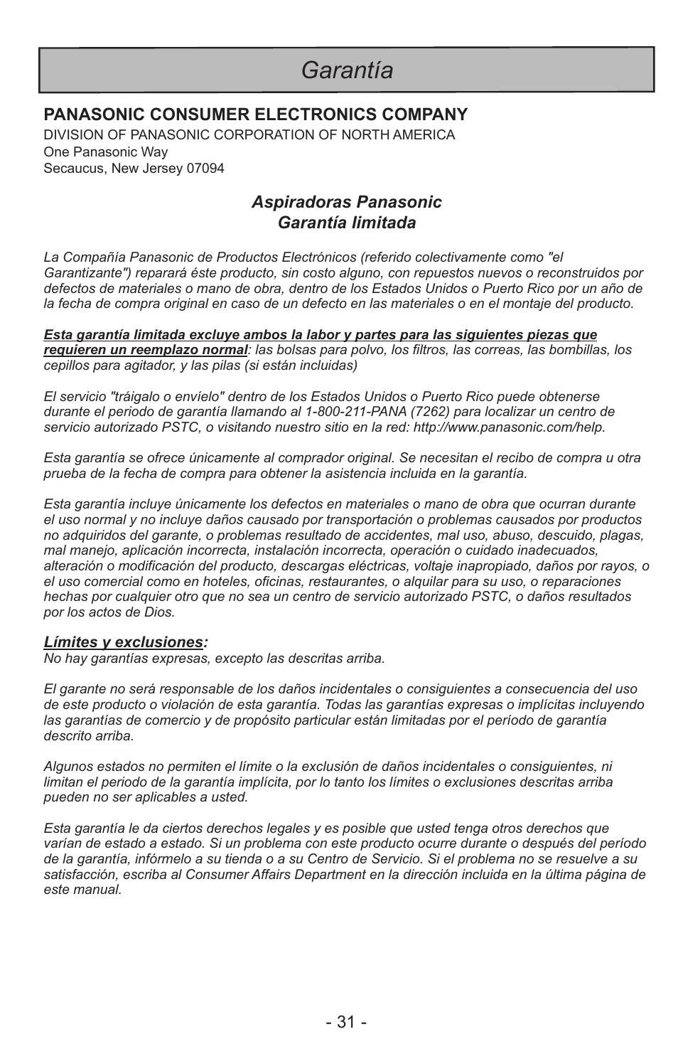 Garantía | Panasonic MC-CL310 User Manual | Page 31 / 32