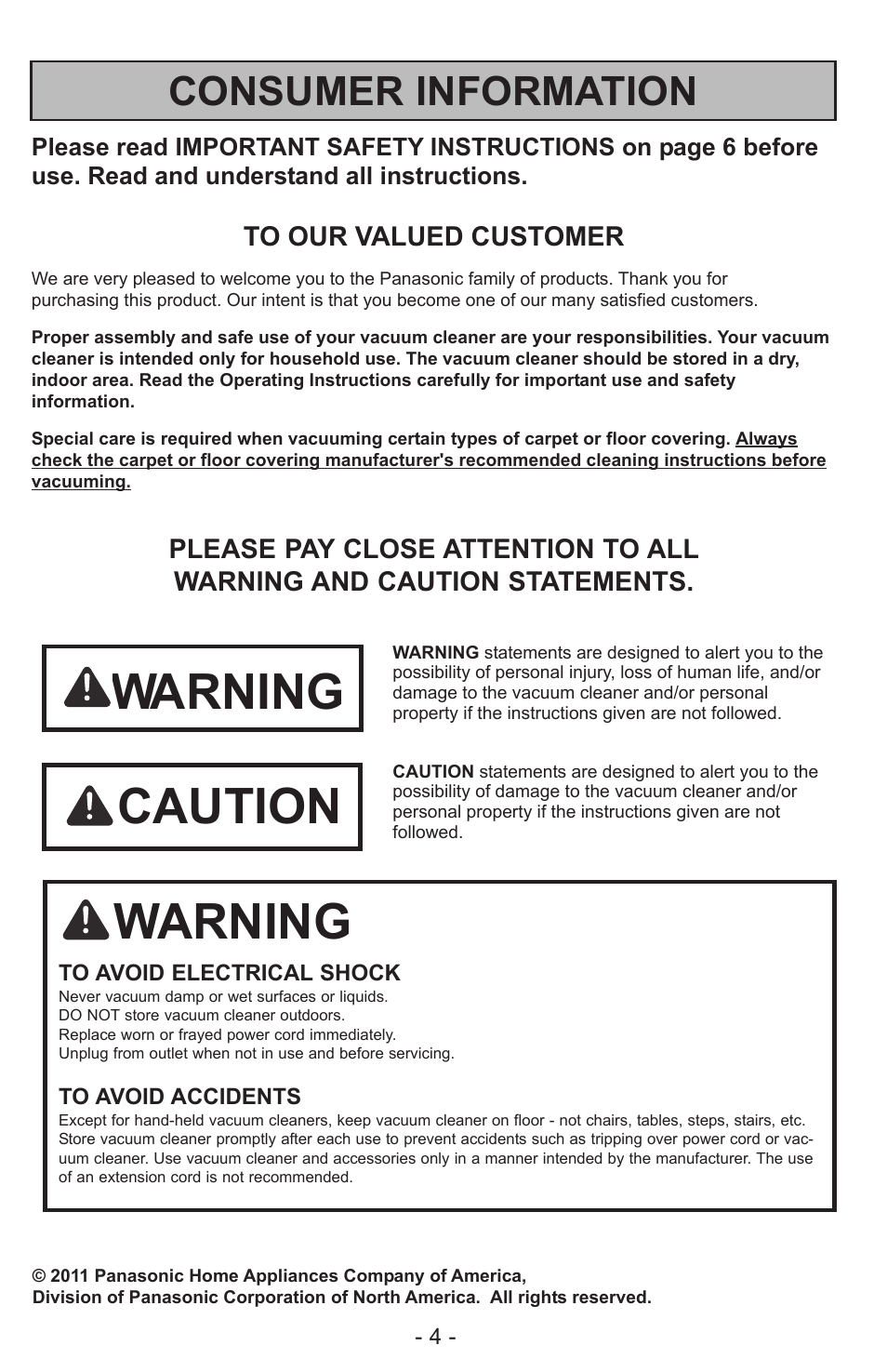 Warning, Caution, Consumer information | Panasonic MC-CL310 User Manual | Page 4 / 32