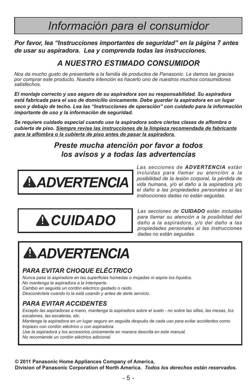 Advertencia, Cuidado, Información para el consumidor | Panasonic MC-CL310 User Manual | Page 5 / 32