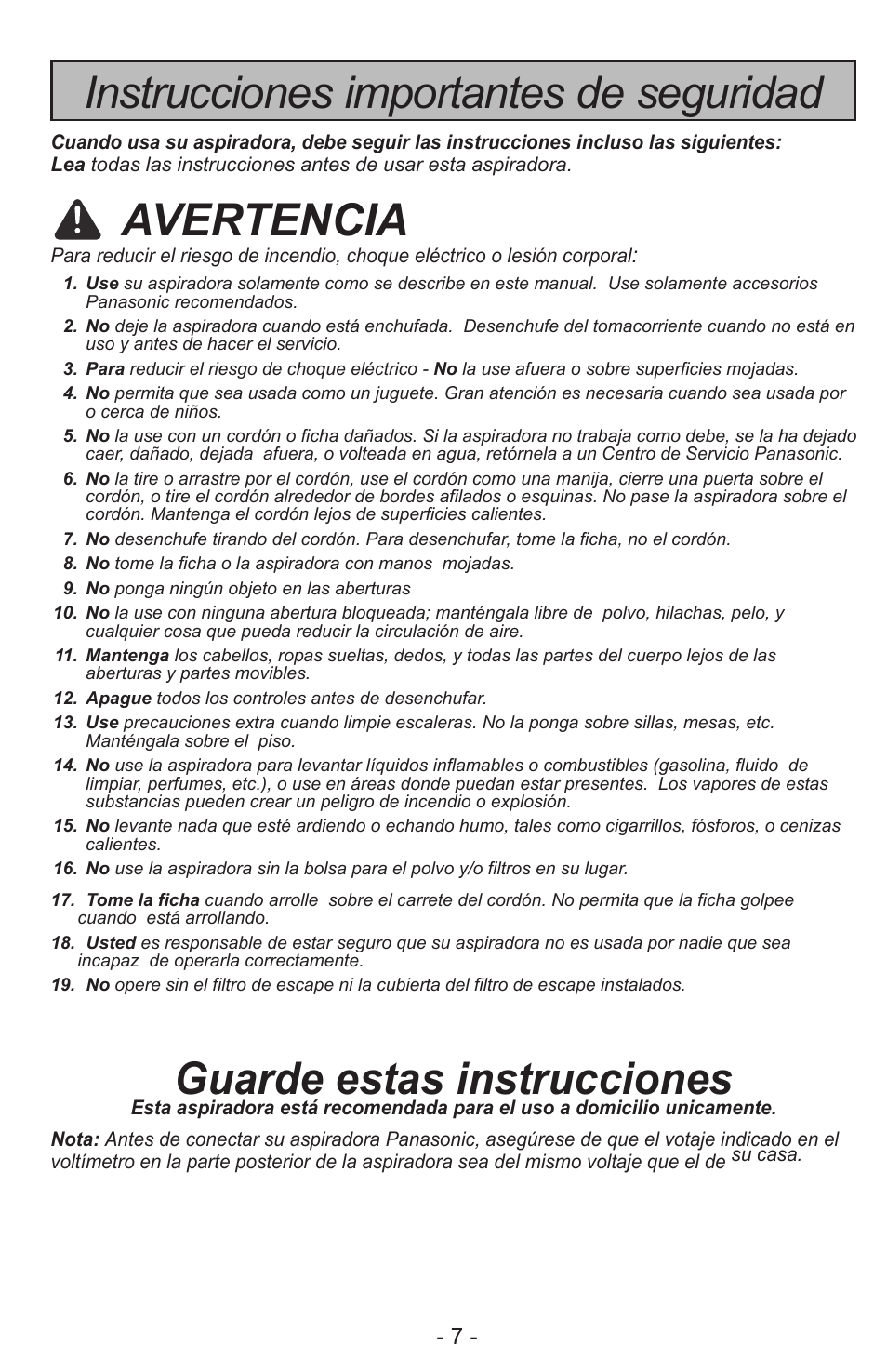 Instrucciones importantes de seguridad, Avertencia, Guarde estas instrucciones | Panasonic MC-CL310 User Manual | Page 7 / 32
