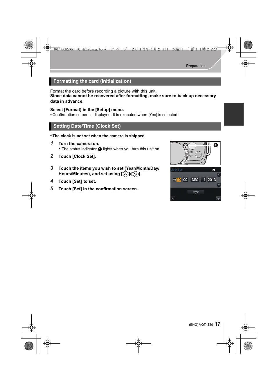 Formatting the card (initialization), Setting date/time (clock set) | Panasonic DMC-G6KK User Manual | Page 17 / 52