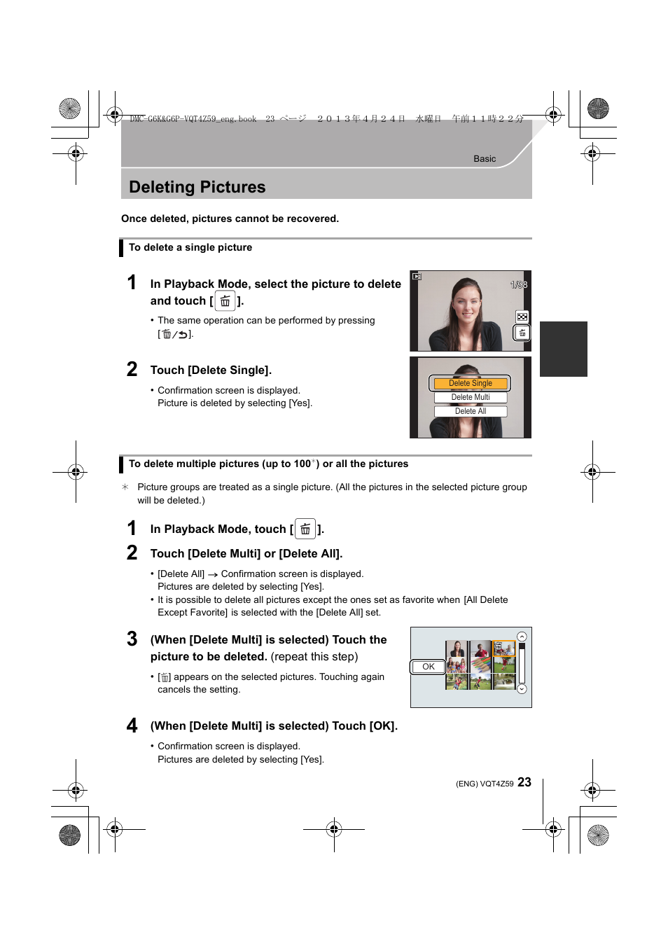 Deleting pictures | Panasonic DMC-G6KK User Manual | Page 23 / 52