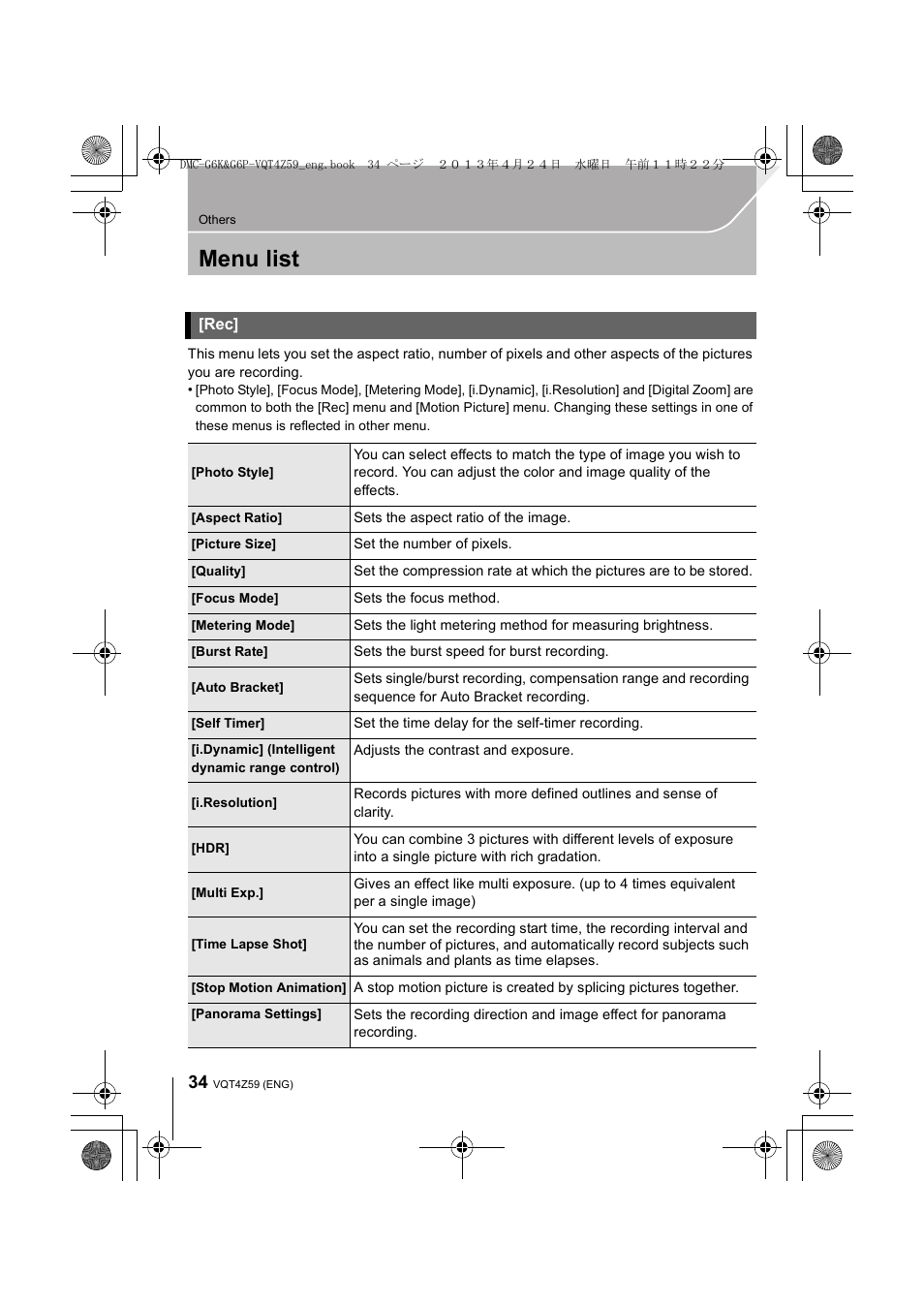 Others, Menu list | Panasonic DMC-G6KK User Manual | Page 34 / 52