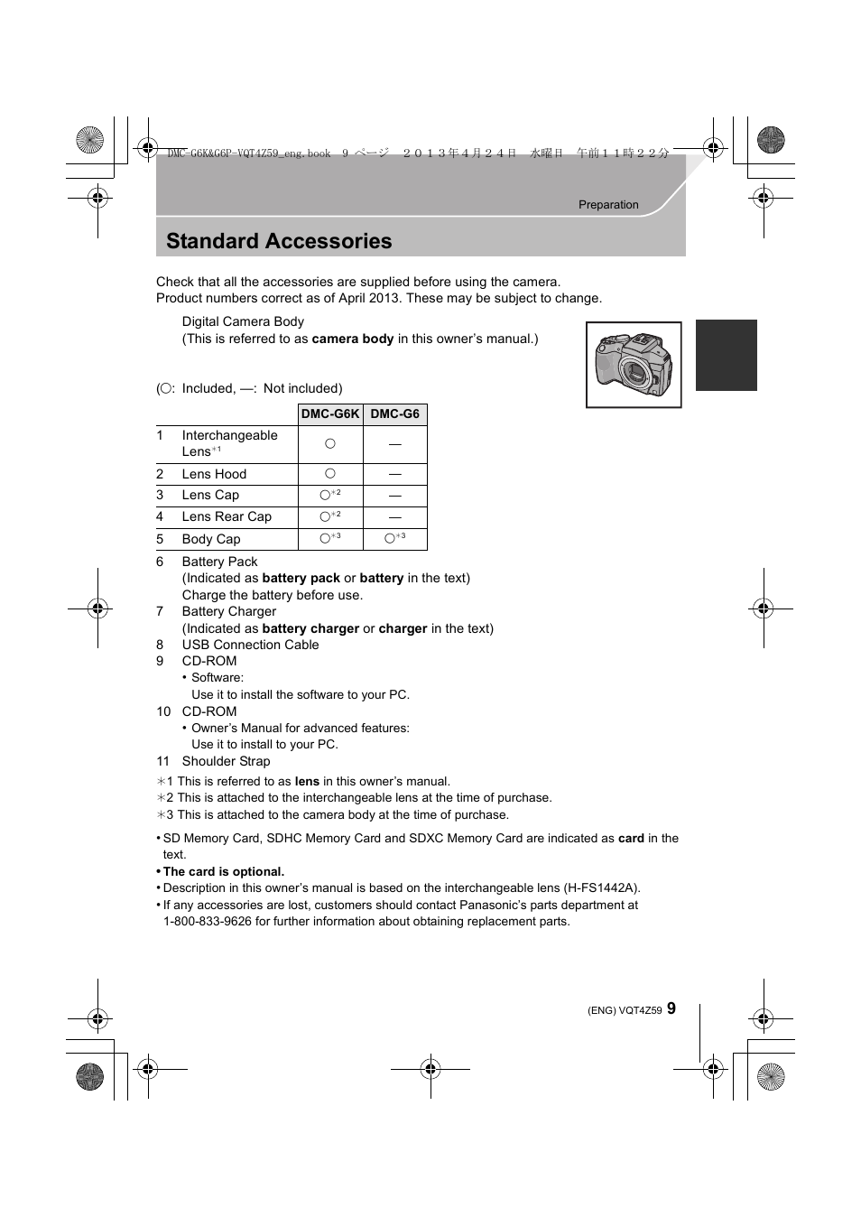 Standard accessories | Panasonic DMC-G6KK User Manual | Page 9 / 52