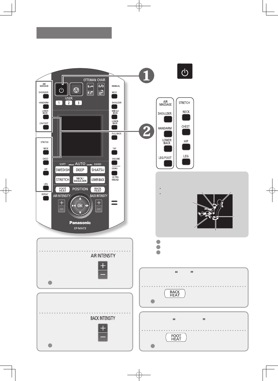 Press to turn on the power, Select the body part you want to massage | Panasonic EP-MA73KU User Manual | Page 37 / 59