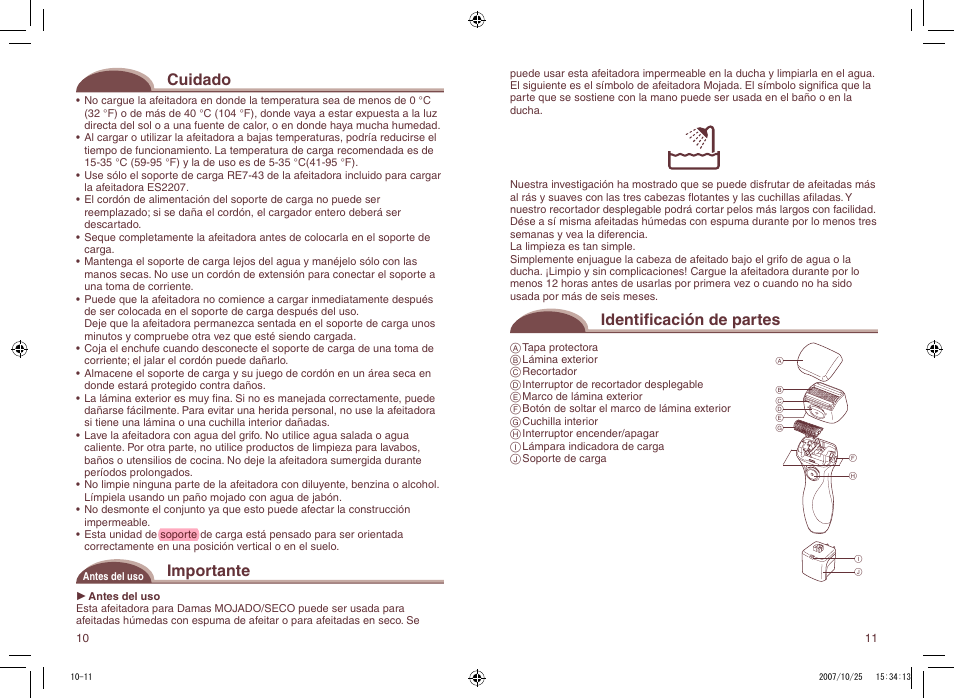 Cuidado, Importante, Identificación de partes | Panasonic ES2207P User Manual | Page 10 / 16