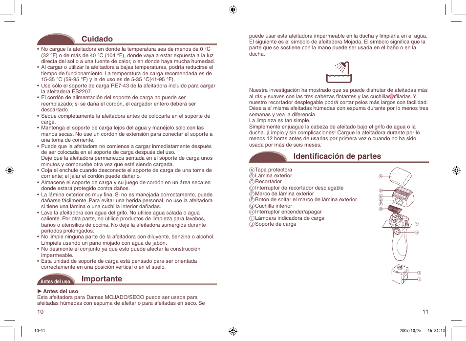 Cuidado, Importante, Identificación de partes | Panasonic ES2207P User Manual | Page 11 / 16