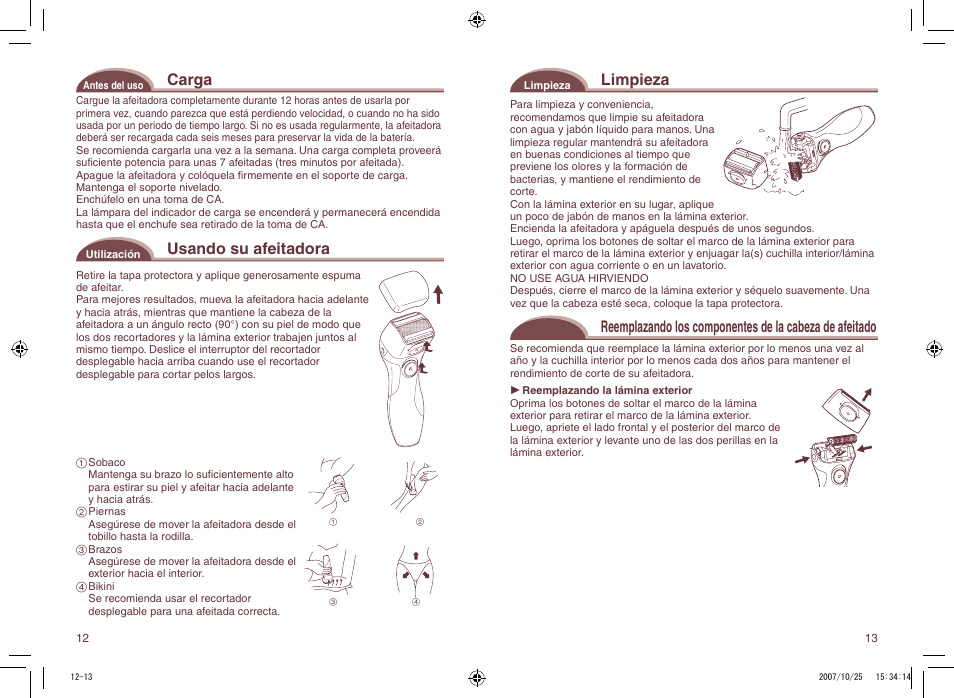 Carga, Usando su afeitadora, Limpieza | Panasonic ES2207P User Manual | Page 12 / 16