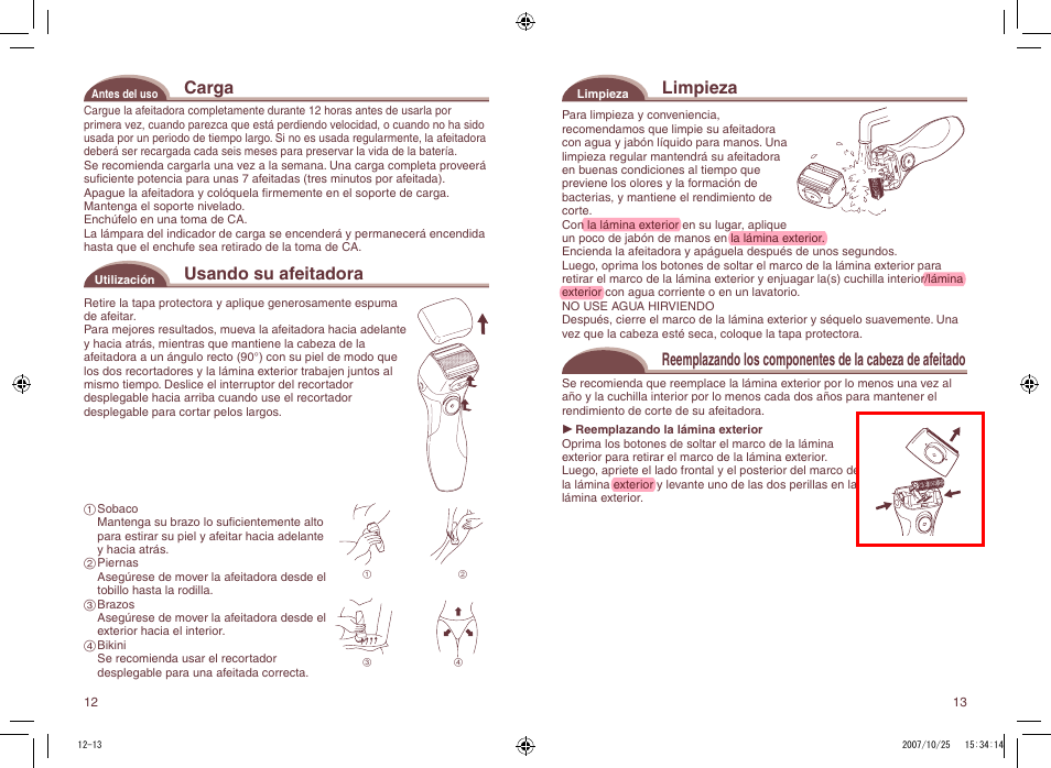 Carga, Usando su afeitadora, Limpieza | Panasonic ES2207P User Manual | Page 13 / 16