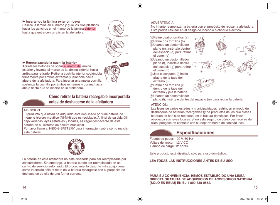 Especificaciones | Panasonic ES2207P User Manual | Page 14 / 16