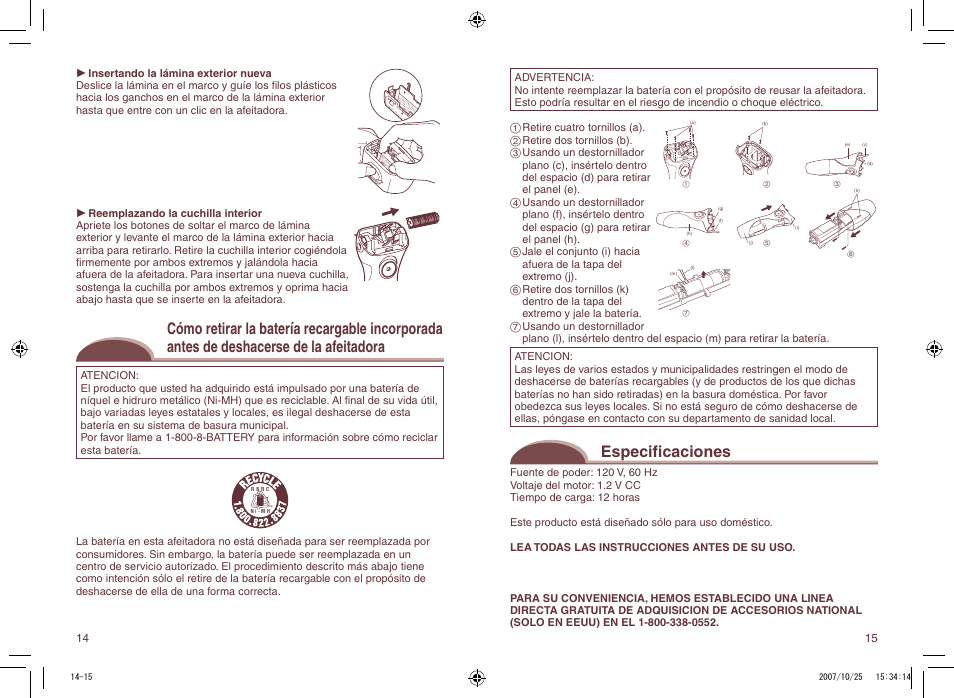 Especificaciones | Panasonic ES2207P User Manual | Page 15 / 16