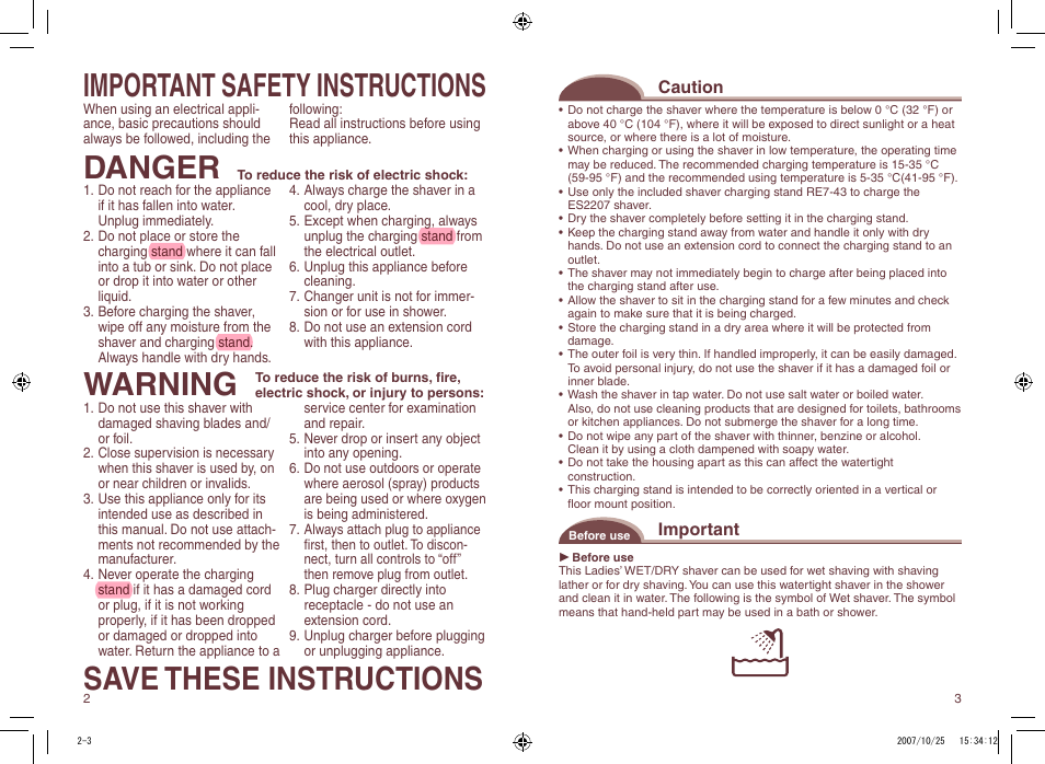 Important safety instructions, Danger, Warning | Save these instructions, Caution, Important | Panasonic ES2207P User Manual | Page 2 / 16