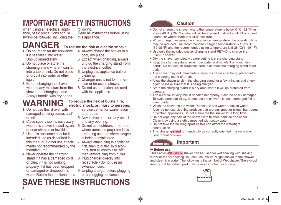 Important safety instructions, Danger, Warning | Save these instructions, Caution, Important | Panasonic ES2207P User Manual | Page 3 / 16