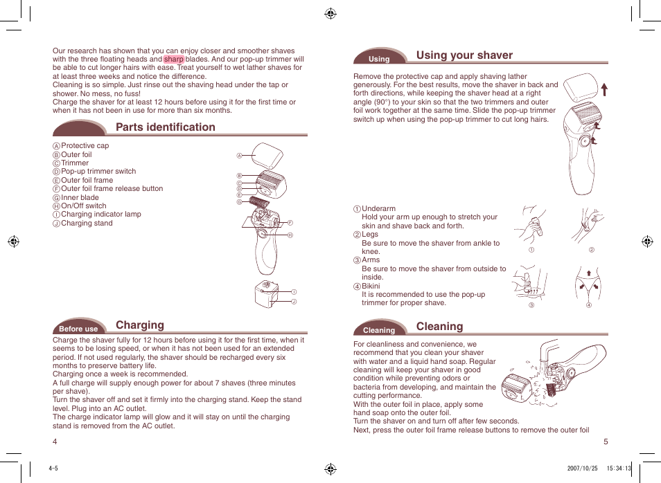 Parts identification, Charging, Using your shaver | Cleaning | Panasonic ES2207P User Manual | Page 4 / 16