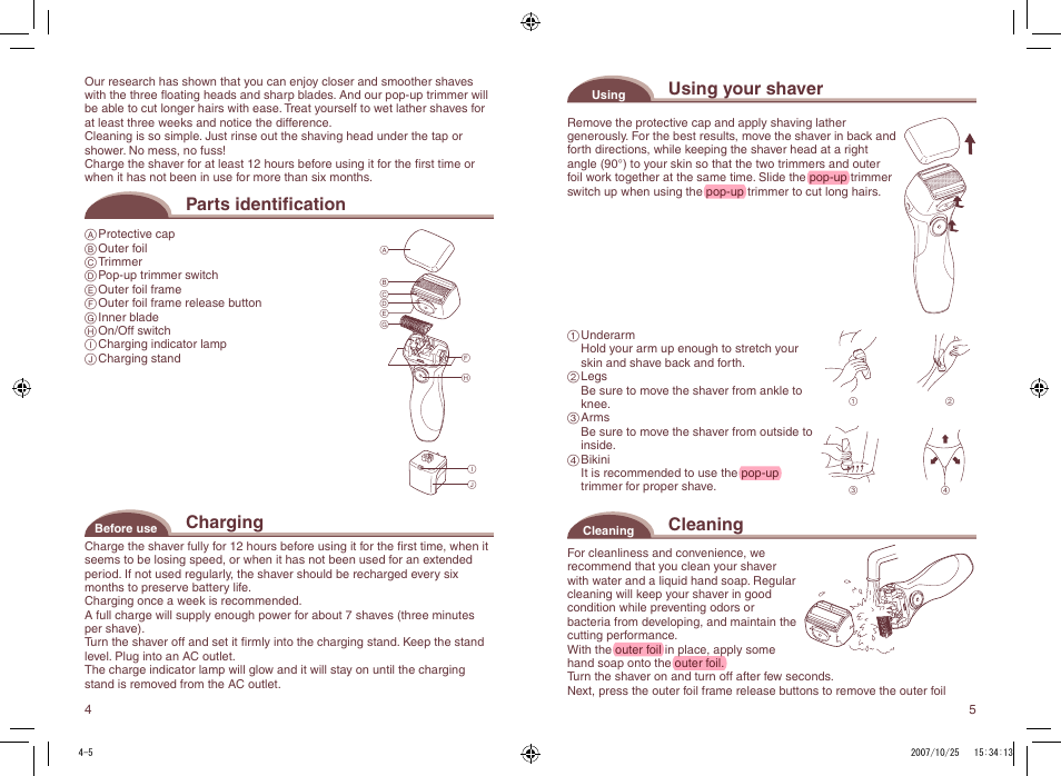 Parts identification, Charging, Using your shaver | Cleaning | Panasonic ES2207P User Manual | Page 5 / 16