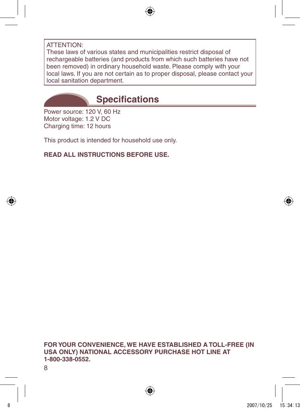 Specifications | Panasonic ES2207P User Manual | Page 8 / 16