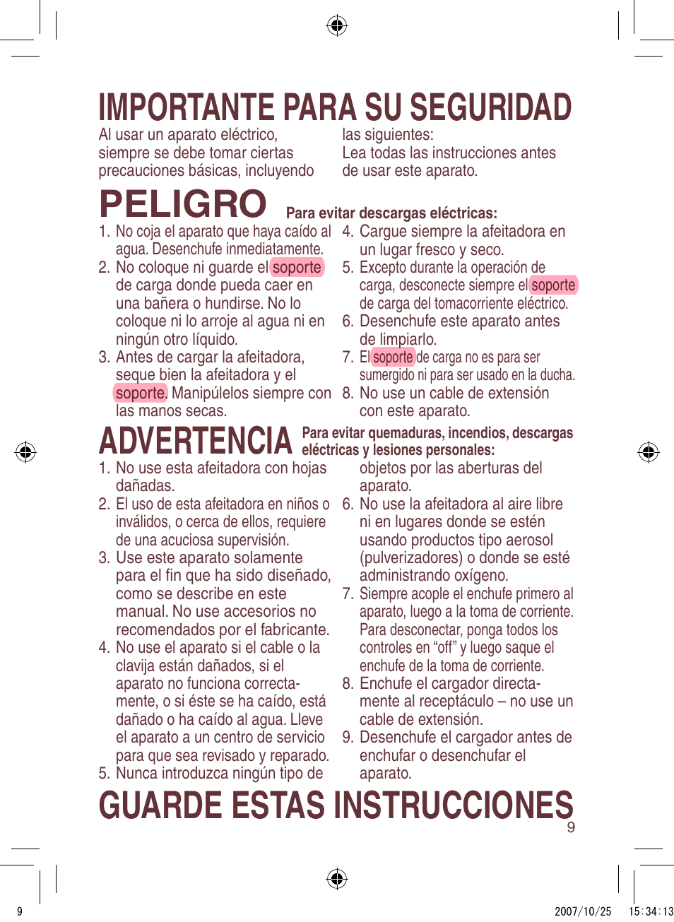 Importante para su seguridad, Peligro, Advertencia | Guarde estas instrucciones | Panasonic ES2207P User Manual | Page 9 / 16