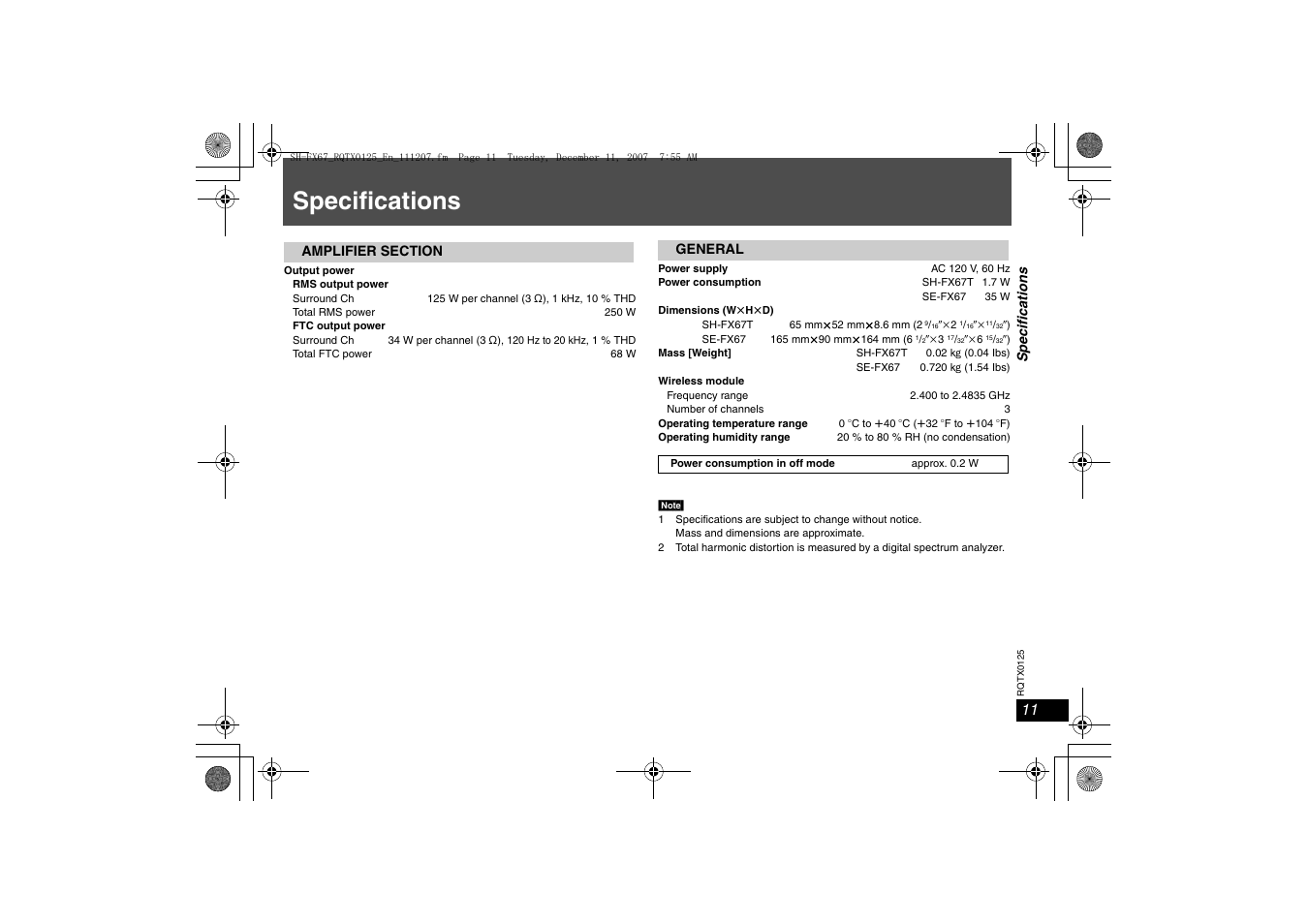 Specifications | Panasonic SH-FX67 User Manual | Page 11 / 16