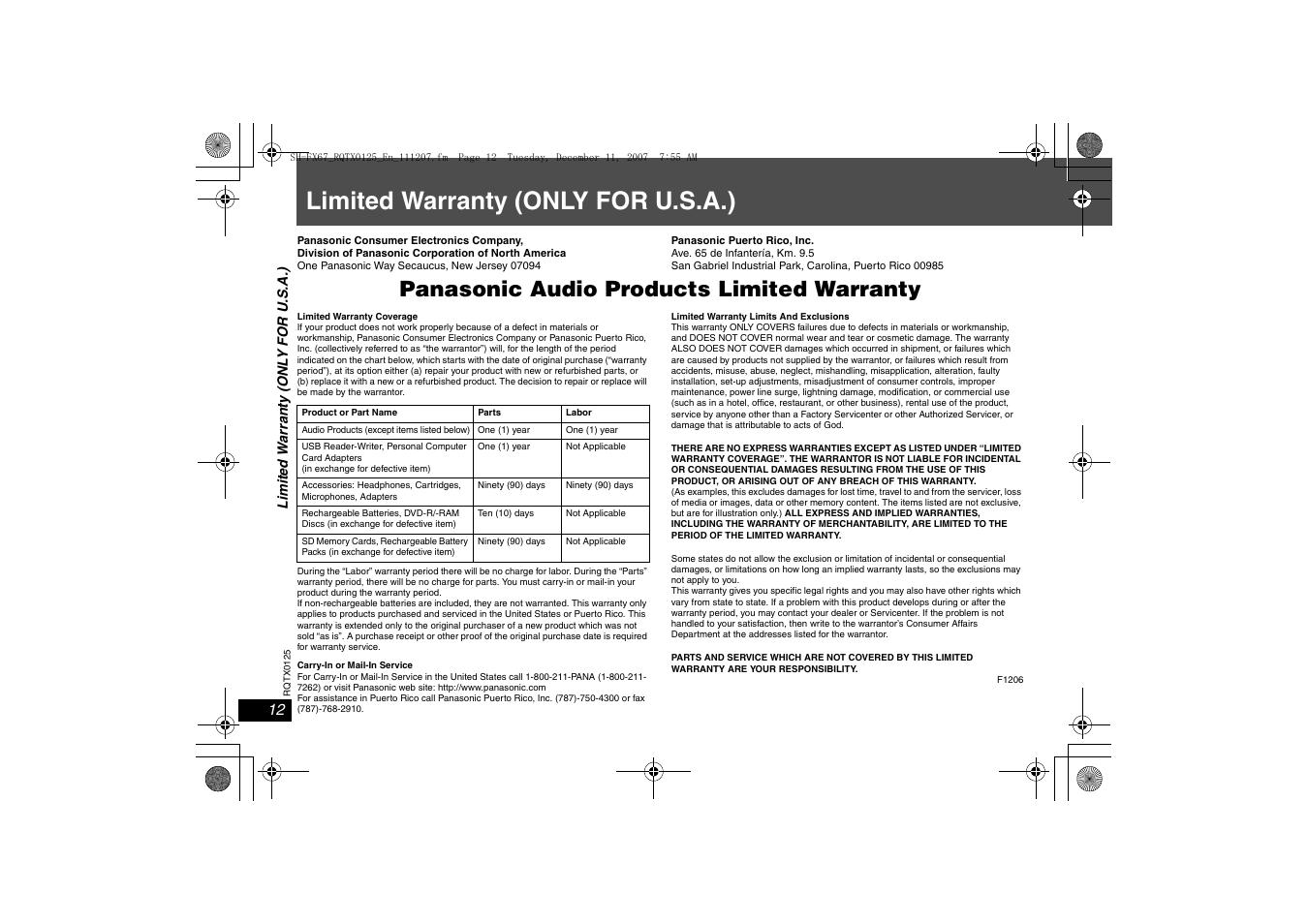 Limited warranty (only for u.s.a.), Panasonic audio products limited warranty | Panasonic SH-FX67 User Manual | Page 12 / 16